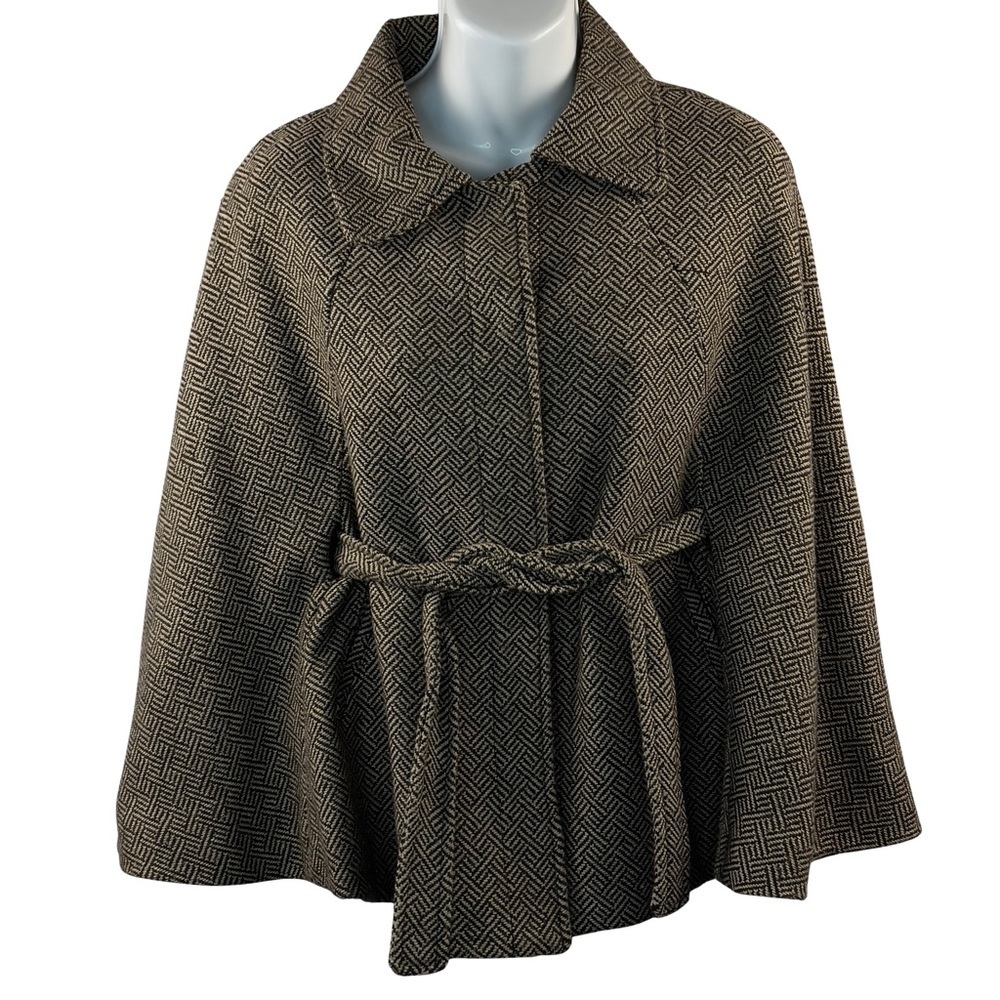 Vintage Cejon Wool Blend Herringbone Tweed Belted Cape Size M/L